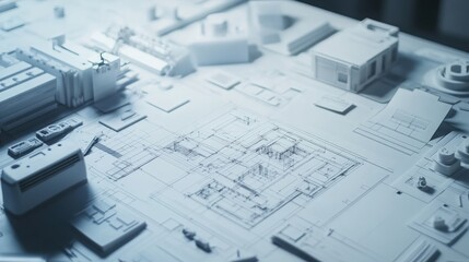Architects and Engineers Collaborating on Building Designs with 3D Models and Drafting Tools at a Construction Site