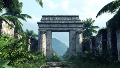 Fototapeta premium Ancient ruins with lush greenery and mountains in background evoke mystery