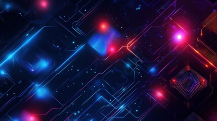 Fototapeta premium Complex Geometric Patterns with Glowing Neon Accents on a Dark Futuristic Tech Background
