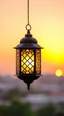 Traditional Ramadan Lantern Hanging Against a Beautiful Sunset Background