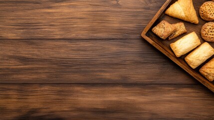 Naklejka premium Traditional Tray of Sweets for Ramadan Celebration Displayed on Rustic Wooden Background