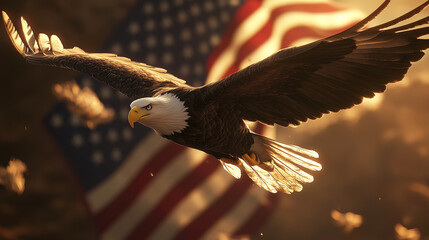 Naklejka premium Soaring bald eagle with wings outstretched against flag backdrop