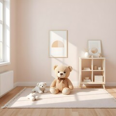 minimalist children's room with teddy bear, bookshelf, geometric art frame, neutral color scheme, cozy and modern decor, clean design, stylish interior
