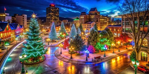 Fototapeta premium Panoramic Christmas Lights Display, Festive Holiday Illumination, Night Cityscape, Sparkling Winter Wonderland