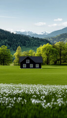 Fototapeta premium serene black house surrounded by lush green fields and mountains