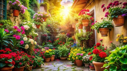 Fototapeta premium Panoramic Colorful Courtyard Lush Potted Plants Blooming Flowers Photography