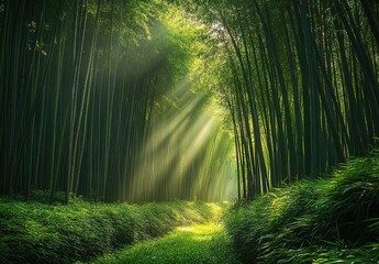 Fototapeta premium Beautiful bamboo forest in China, sunlight shining through the dense green leaves of tall trees