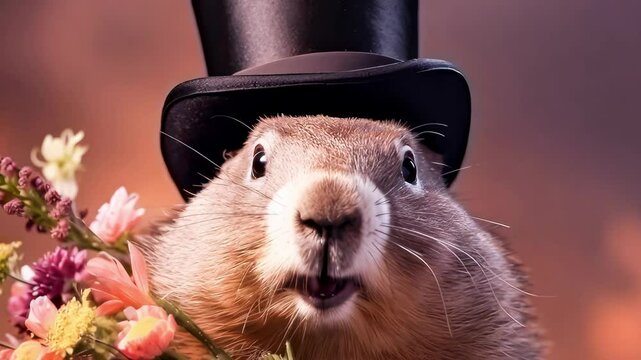 Cute marmot wearing a top hat on his head among the forest on a sunny day And sings songs. zoom in, zoom out, pan or make 360 photo, animate, pan right