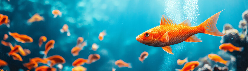 Fototapeta premium Vibrant orange fish swimming in clear blue underwater scene