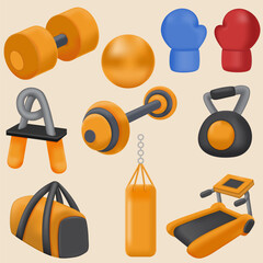 3D gym equipment elements set