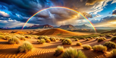 Obraz premium Panoramic Desert Rainbow: Arid Valley Landscape Photography