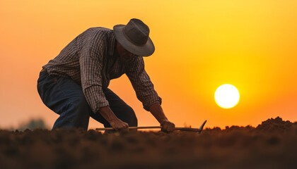 Fototapeta premium farmer working soil at sunset, showcasing dedication and hard work