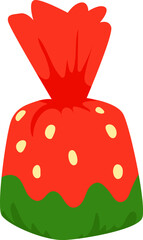 Red wrapped candy with yellow dots and green bottom part, resembling a strawberry, isolated on a white background, perfect for projects related to sweets, treats, or celebrations