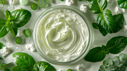 Obraz premium Natural skincare cream jar with texture swipe on clear surface,
