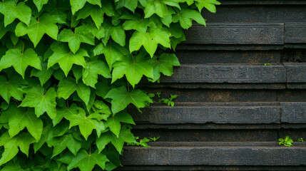Lush green leaves cover dark s ne steps, creating serene atmosphere