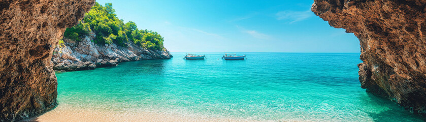 Obraz premium serene beach view with boats in clear turquoise water and rocky cliffs