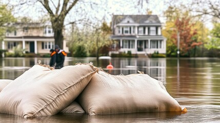 Flood Protection Sandbags with flooded homes in the background (Montage)