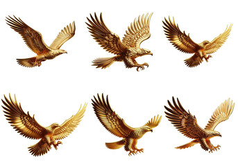 Flying Golden Eagle Emblem With Glossy Metallic High Resolution Finish. Gold eagle flying with shiny wings rendered in detailed high resolution design