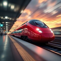 Naklejka premium High-speed train, sleek red design, train station platform