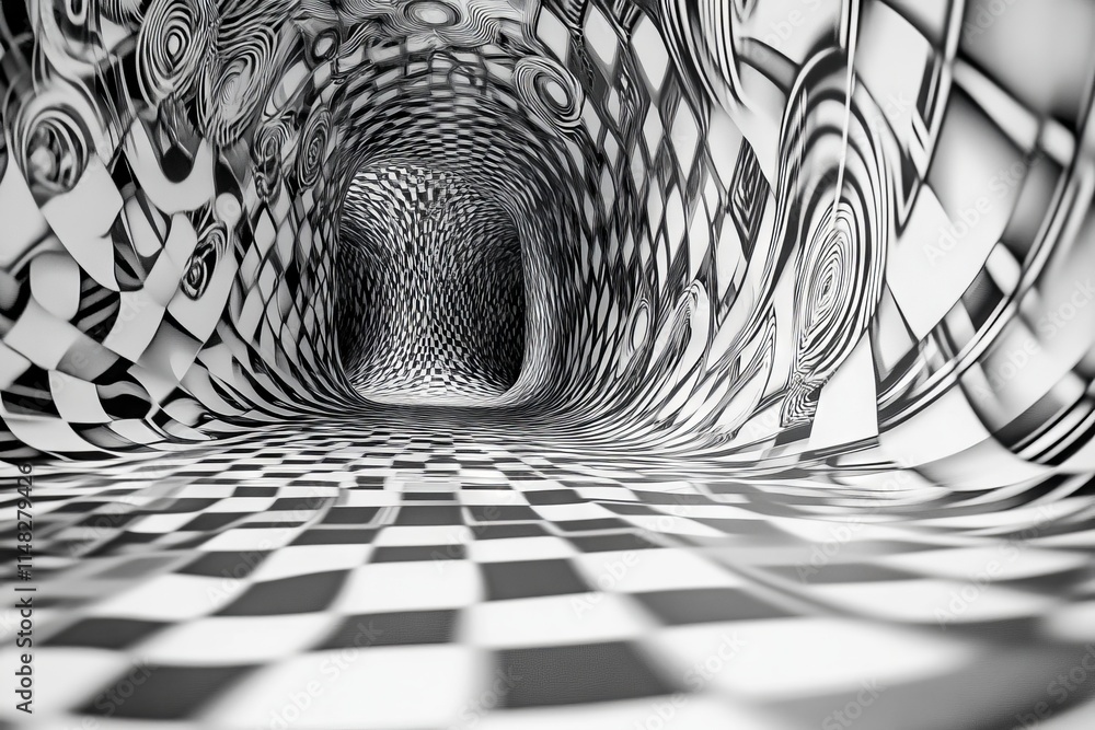 Poster a captivating abstract image featuring a black and white tunnel with checkered and swirling patterns