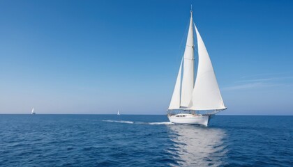 A sailboat with white sails navigates the calm, expansive blue sea under a clear sky, creating a serene and peaceful atmosphere