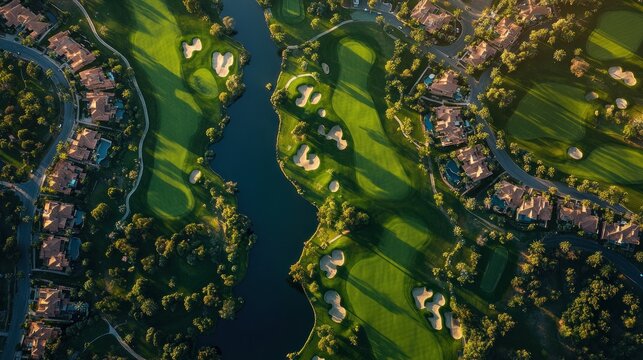 Aerial view of a golf course and residential area.
