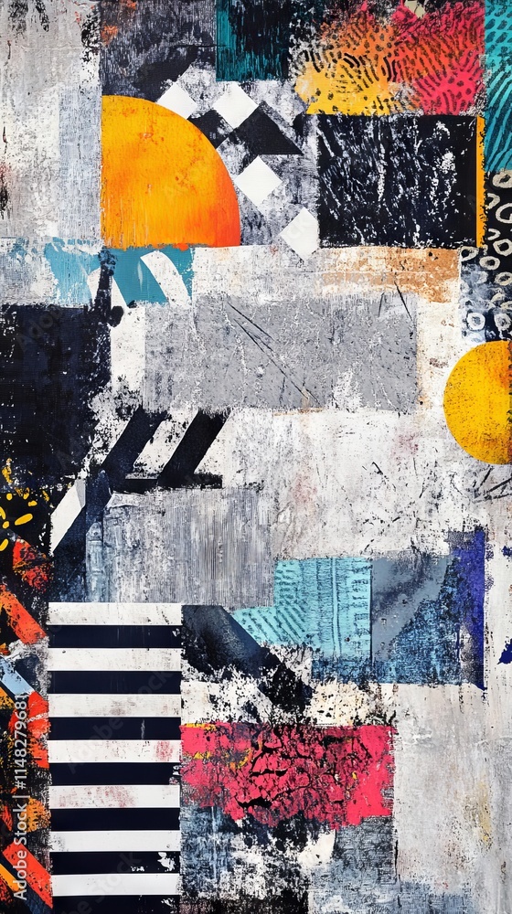 Poster a dynamic abstract collage featuring geometric shapes and vibrant colors, creating a textured and mo