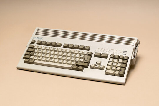 Pavia, Lombardy, Italy - December 8, 2024: Commodore Amiga A1200 from 1992, home computer considered not successful but 1M copies were sold. Shown at Ctrl+Alt Museum.