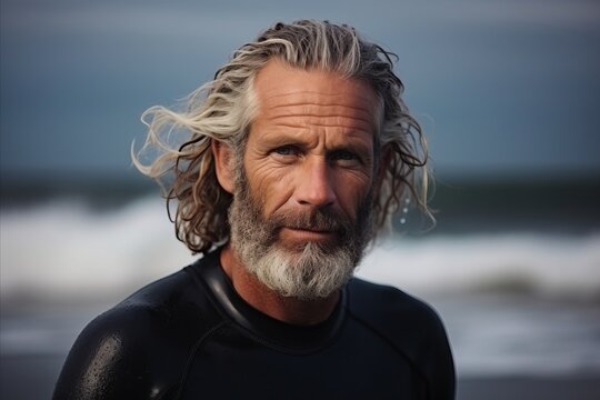 Portrait of a senior man in wetsuit with surfboard on the beach - Powered by Adobe