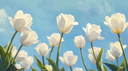 A serene view of white tulips against a blue sky, symbolizing beauty and tranquility.