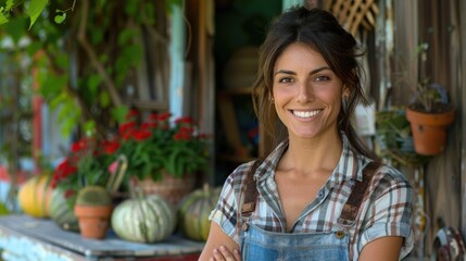 Smiling woman embraces her new journey as a small business owner amidst blooming plants