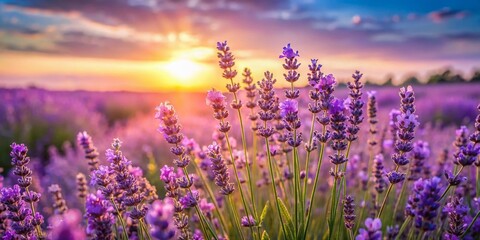 Naklejka premium Panoramic Lavender Field: Purple Flower Blossom in Summer Garden, Macro Floral Beauty