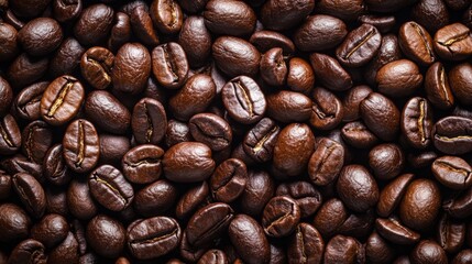 Naklejka premium Close-up of roasted coffee beans spread on a dark surface