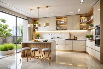 Panoramic Minimalist Kitchen Design: White Beige Modern Interior Photography