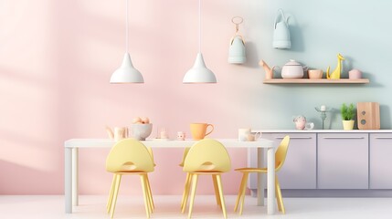 Pastel Kitchen Dining Room Set Design With Yellow Chairs