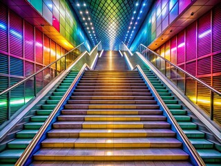 Panoramic Modern Staircase Architecture Photography: Descending Steps, Geometric Design, Abstract Lines