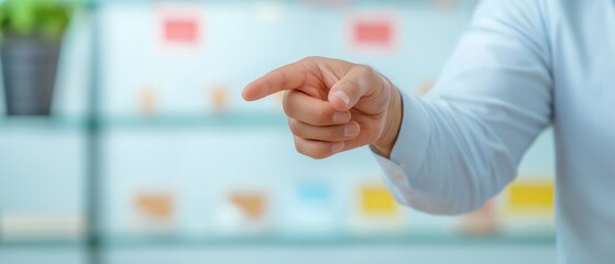 Pointing hand in a professional setting with blurred background.