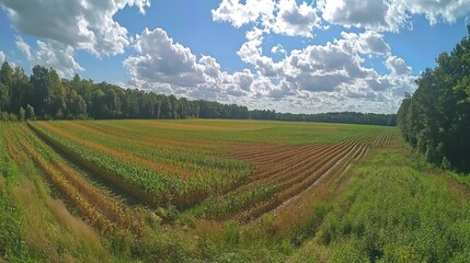 Panoramic view of a cornfield under a partly cloudy sky.