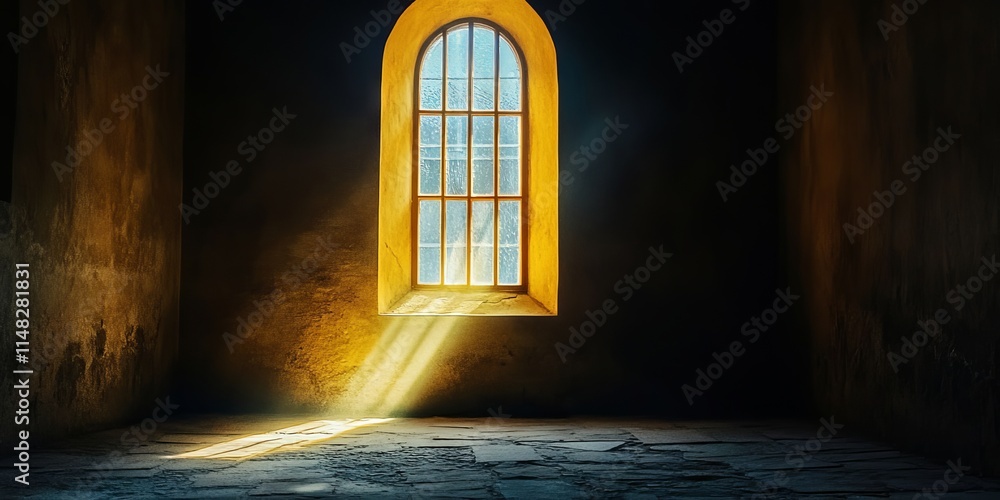 Poster a window in a dark room with sunlight shining through it. the room is empty and the light is coming 