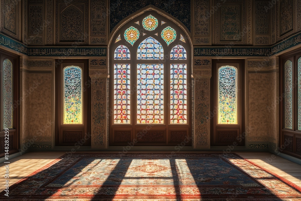 Poster a room with a large window and a rug. the window is open and the sun is shining through it
