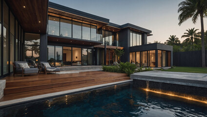 Fototapeta premium Modern dark-grey home with expansive glass windows, wooden deck, and infinity pool. Lush landscaping visible in the background and twilight lighting.