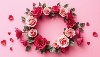 Elegant floral heart wreath with roses and leaves, perfect for Valentine-themed wedding invitations.