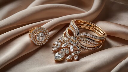 Naklejka premium Luxury theme wallpaper background of gems embedded jewels on a silk cloth background 