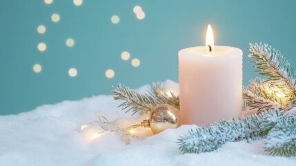 Festive winter candle with snow, lights, and pine.