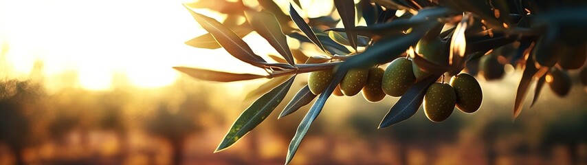 Obraz premium A close-up of an olive tree branch with ripe olives, set against the backdrop of an expansive olive plantation during sunset. 
