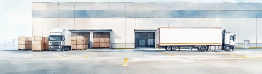 Cold chain logistics. A modern warehouse with trucks and stacked boxes, illustrating logistics and transportation in an industrial setting.