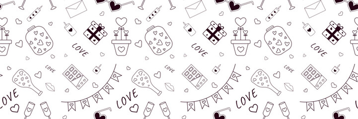 Black and white St. Valentines Day pattern with hearts, 
candles, chocolates, bottles, flags  and others elements. Vector illustration. Pattern for wrapping paper, postcards, textile, backgrounds. 