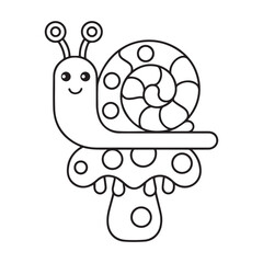 Coloring page with cute snail and mushrooms in grass for kids, kawaii black and white cartoon insects themed educational worksheet for print, game for preschoolers