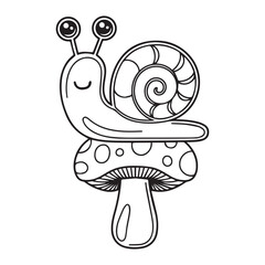 Coloring page with cute snail and mushrooms in grass for kids, kawaii black and white cartoon insects themed educational worksheet for print, game for preschoolers