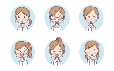 A set of vector illustrations featuring business women with various emotions such as happiness, sadness, anger, and cuteness. Each icon is designed with simple line art